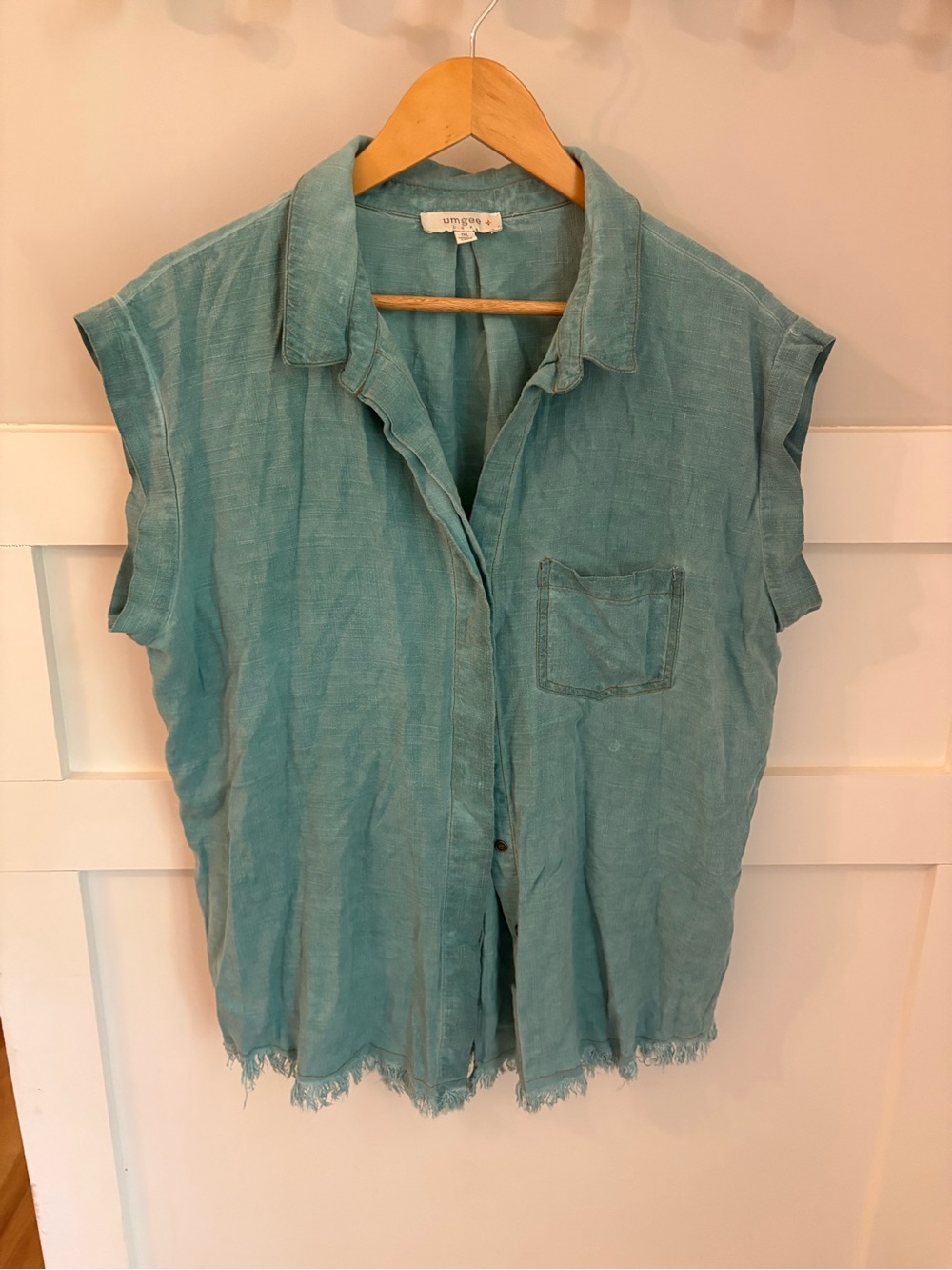 Umgee Washed Teal Button-Down Cap Sleeve Shirt